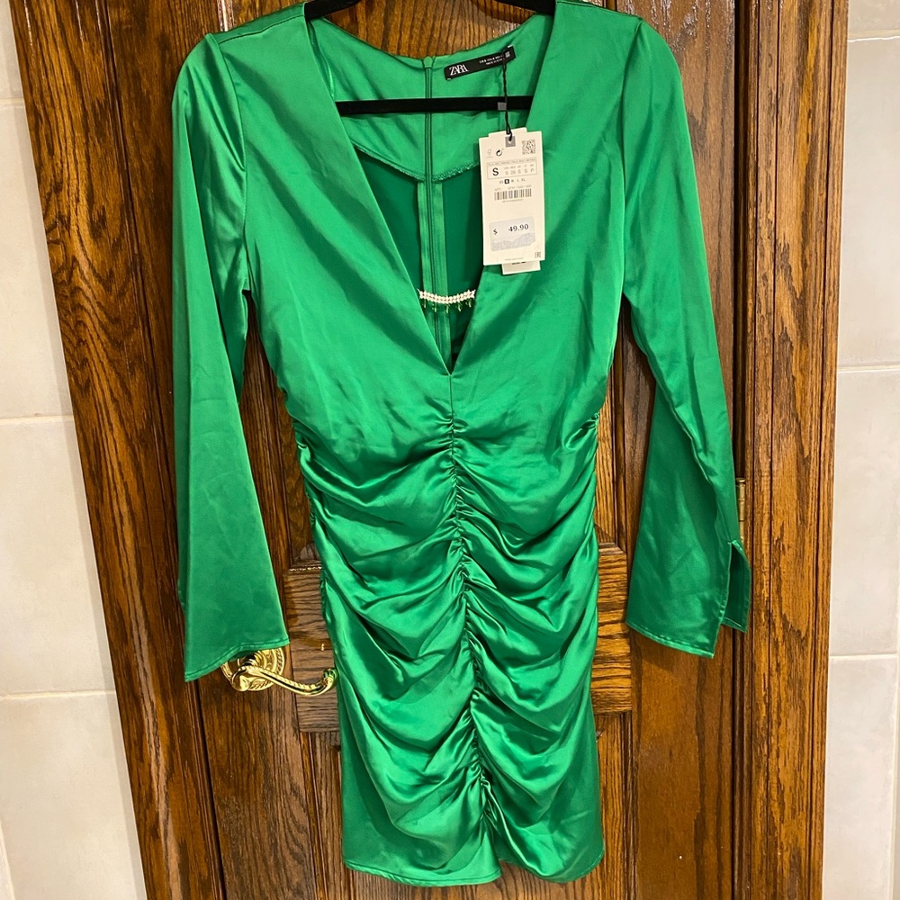 ZARA Vibrant Green Satin Dress